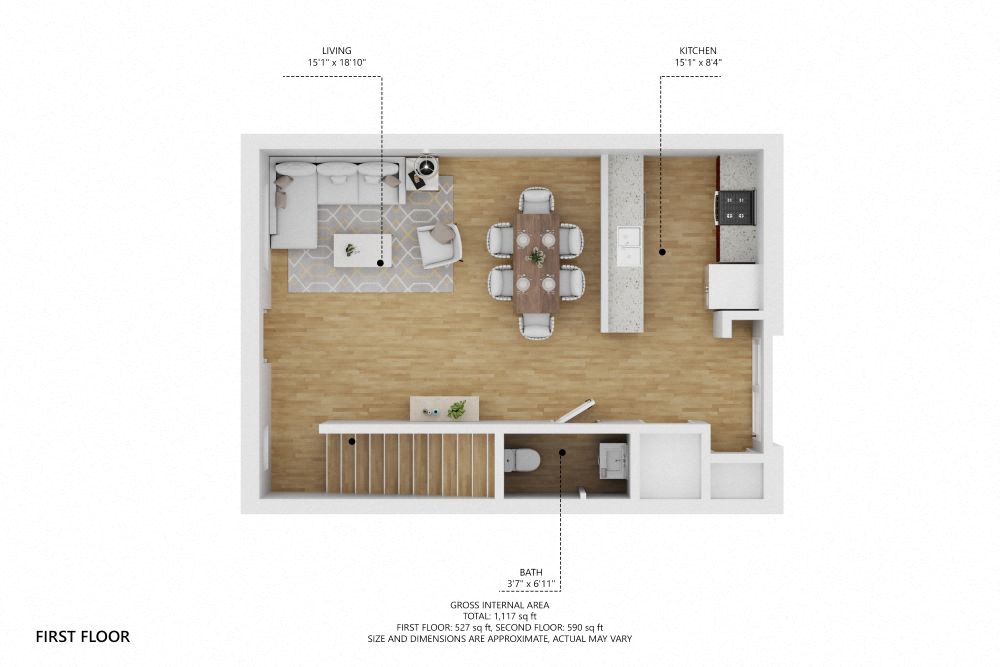 Floor plan for 2 beds, 2 baths, 1073 sqft